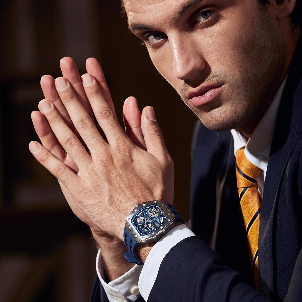 Hodinky TSAR BOMBA Business 50M voděodolné hodinky s skeletem Stylové hodinky Tonneau z nerezové oceli s obličejem a ramenem pro muže Světelný japonský strojek Modrá