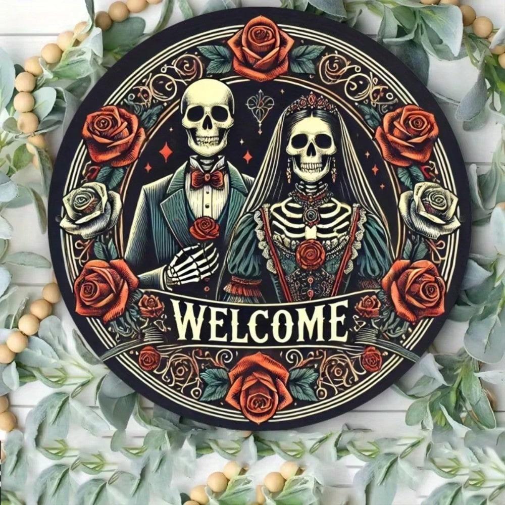 

Gothic Victorian Round Metal Wall Art Skeleton Couple Sign Dark Floral Roses Aluminum Hanging Decor 20x20 різнокольоровий