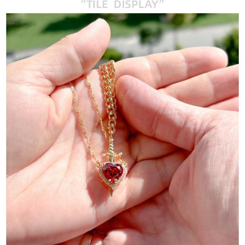 European and American new models, red crystal love dagger pendant layered necklace French design female collarbone chain