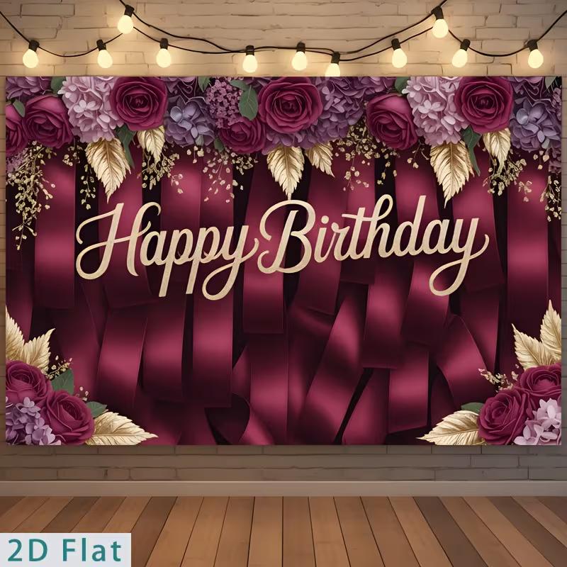 

2D Birthday Photography Backdrop Burgundy Background with Purple Flowers and Satin Ribbons 47.2x31.5inch/120*80cm
