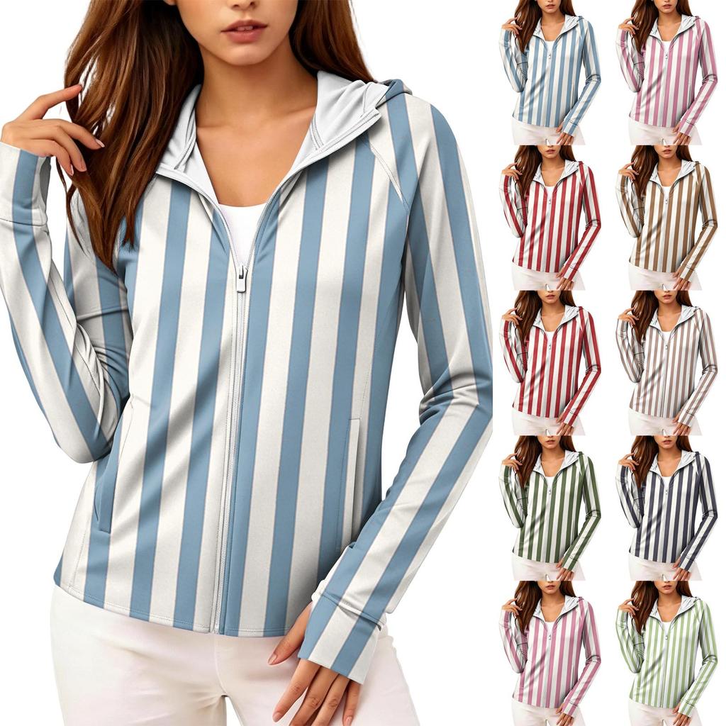 Women's Lightweight Zip Up Hoodie with Hood and Pockets Long Sleeve Striped Sun Protection Jacket for Outdoor Activities