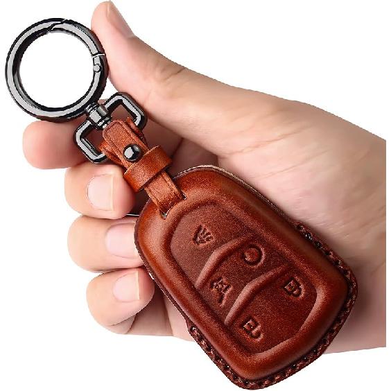Tukellen for Cadillac Leather Key Fob Cover with Keychain Leather Key Case Key Shell 360 Degree Full Protection Compatible with Cadillac Escalade CTS