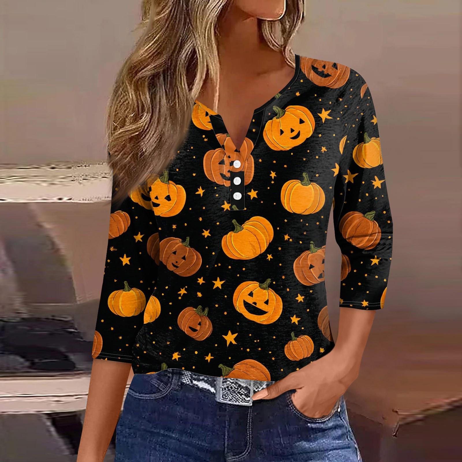 

Женская футболка с V-образным вырезом на пуговицах, с рукавом три четверти, на Хэллоуин M чёрный