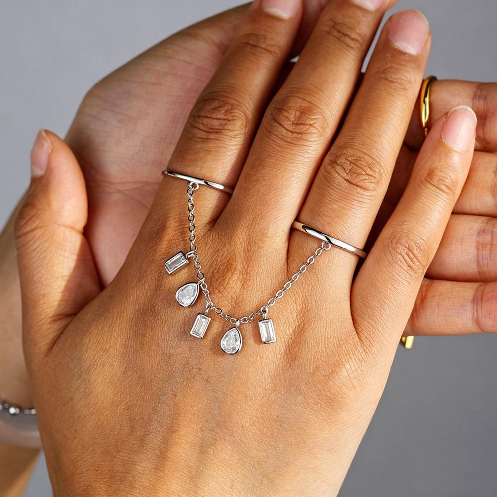 2026 New Arrived Fashion Women Jewelry Geometric Bezel CZ Drop Charm Tassel Chain Double Finger Ring Gold Plated
