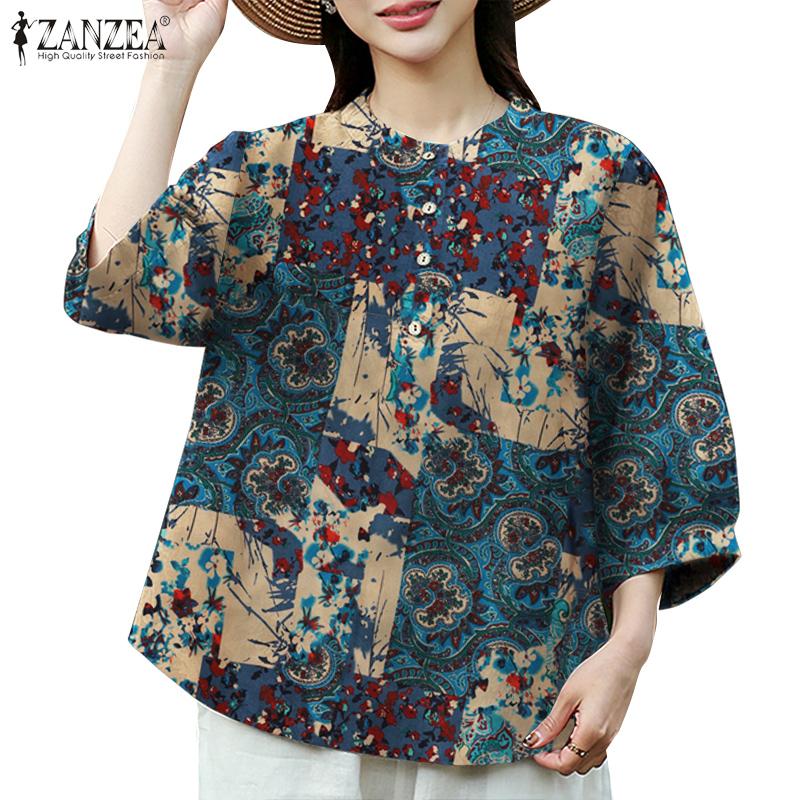 

ZANZEA Женская повседневная летняя блузка с круглым вырезом и рукавами 3/4 с принтом