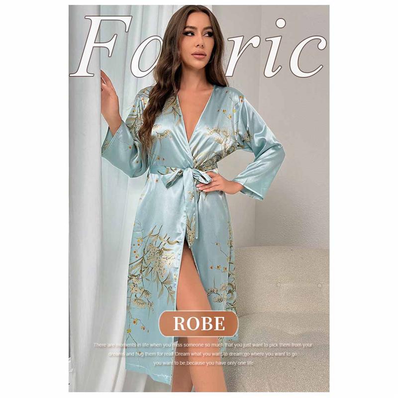 Women's Pajamas Sexy Imitation Silk Loose Household Clothes Ice Silk Cardigan Lace-up Bathrobe Pajamas for Women