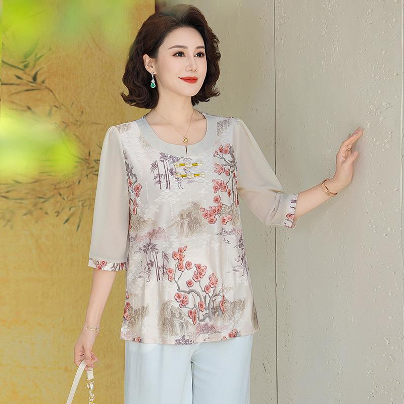 

Chic Floral Retro Blouse: Women s Summer Short Sleeve T-Shirt for Middle-Aged & Elderly 2XL (105-120 jin) рожевий