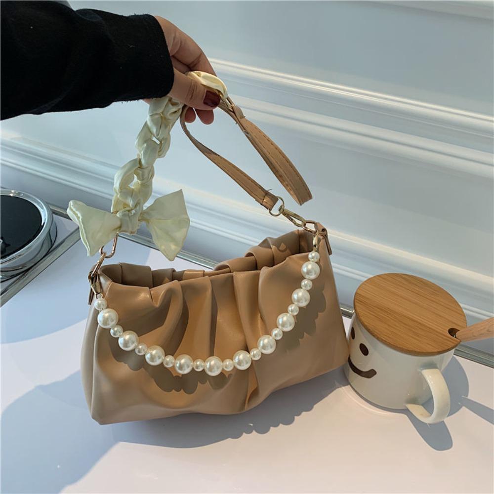 PU Leather Pearl Chain Bag Korean Style Bow Handbag Trendy Pleated Shoulder Bag Unisex