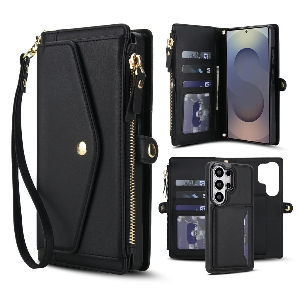 Portafoglio con Slot per Carte Magnetiche e Zip 2 in 1 Custodia in Pelle per Samsung S26 Ultra Edge S25 Plus S24 FE A56 A36 A16 Cover a Tracolla