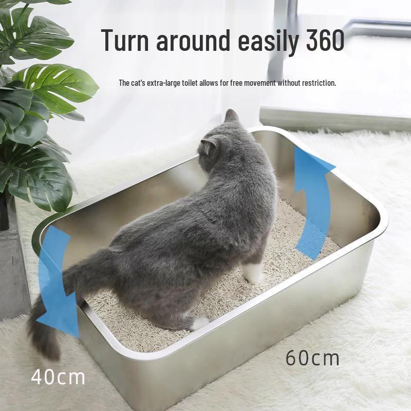 Cutie de litieră extra mare din oțel inoxidabil cu partea superioară deschisă - Anti-stropire, semi-închisă, ridicată, rezistentă la mirosuri.