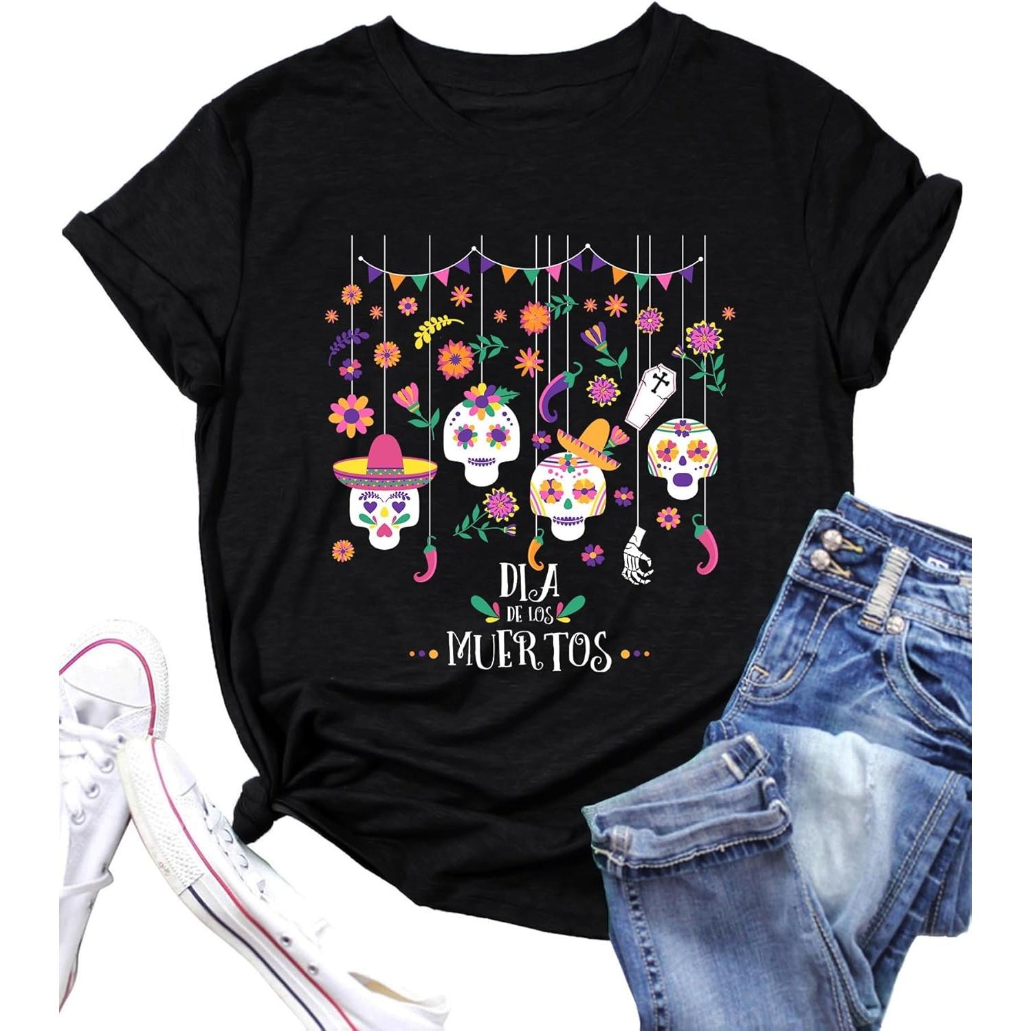 Dia De Los Muertos Shirt Women Funny Day of The Dead Skulls T-Shirt Fall Sugar Skull Garphic Tees Spooky Season Tops S