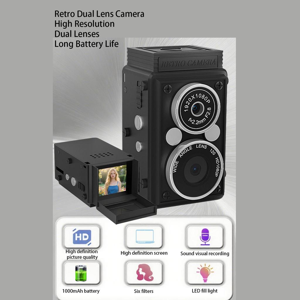 Vintage Dual Lens Camera with Flash 12MP 1080P HD Wide Angle Autofocus 0.85 Inch Screen Retro Keychain Camera for Teens Students Travel