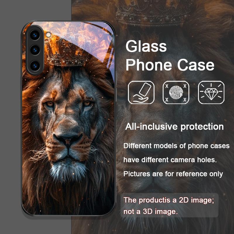 Luxurious Lion Pattern Tempered Glass Phone Case for Samsung Galaxy S25 Ultra S24 S23 Plus S22 S21 S20 FE M55 M54 5G Back Cover