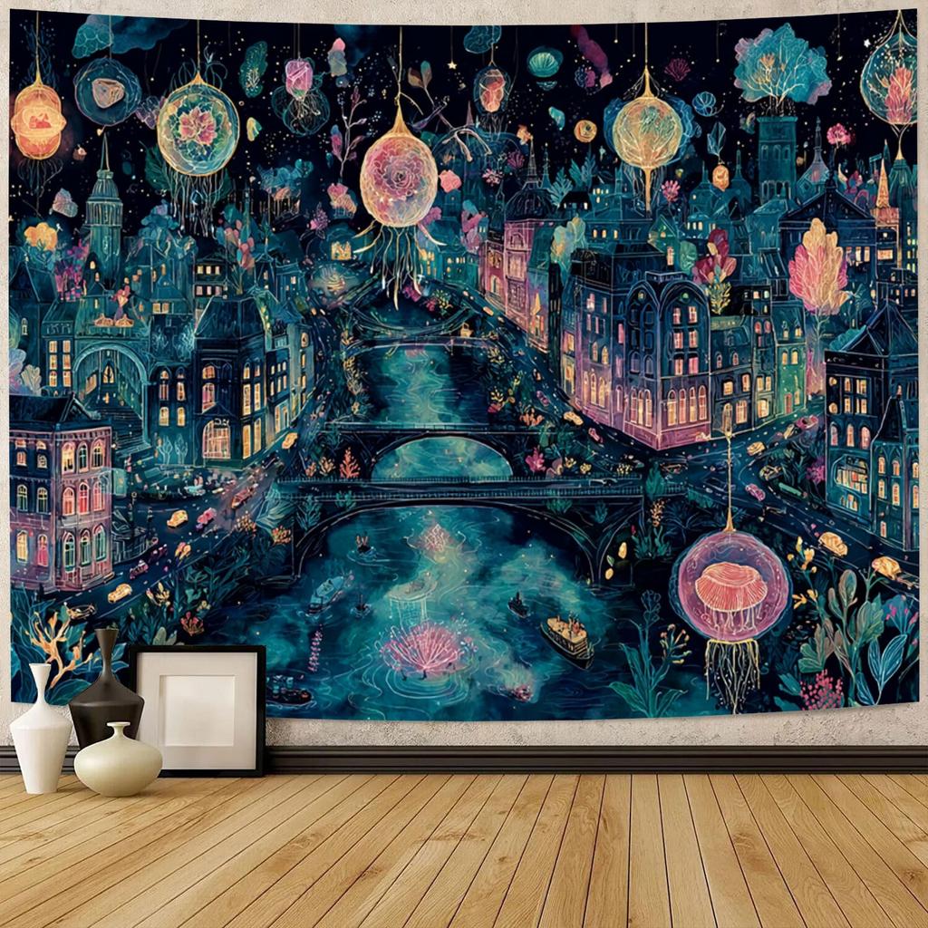 Large Horizontal Dreamy Jellyfish Tapestry Wall Hanging - Night Sea Theme Suitable for Decor, Modern Horizontal Ocean Wall, Large Horizontal Window Ta