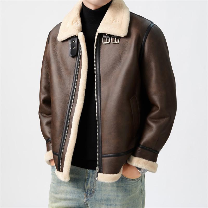 Chaqueta de Moto Trendy para Hombre de Borrego y Piel Sintética - Abrigo Corto de Lana de Cordero Otoño/Invierno