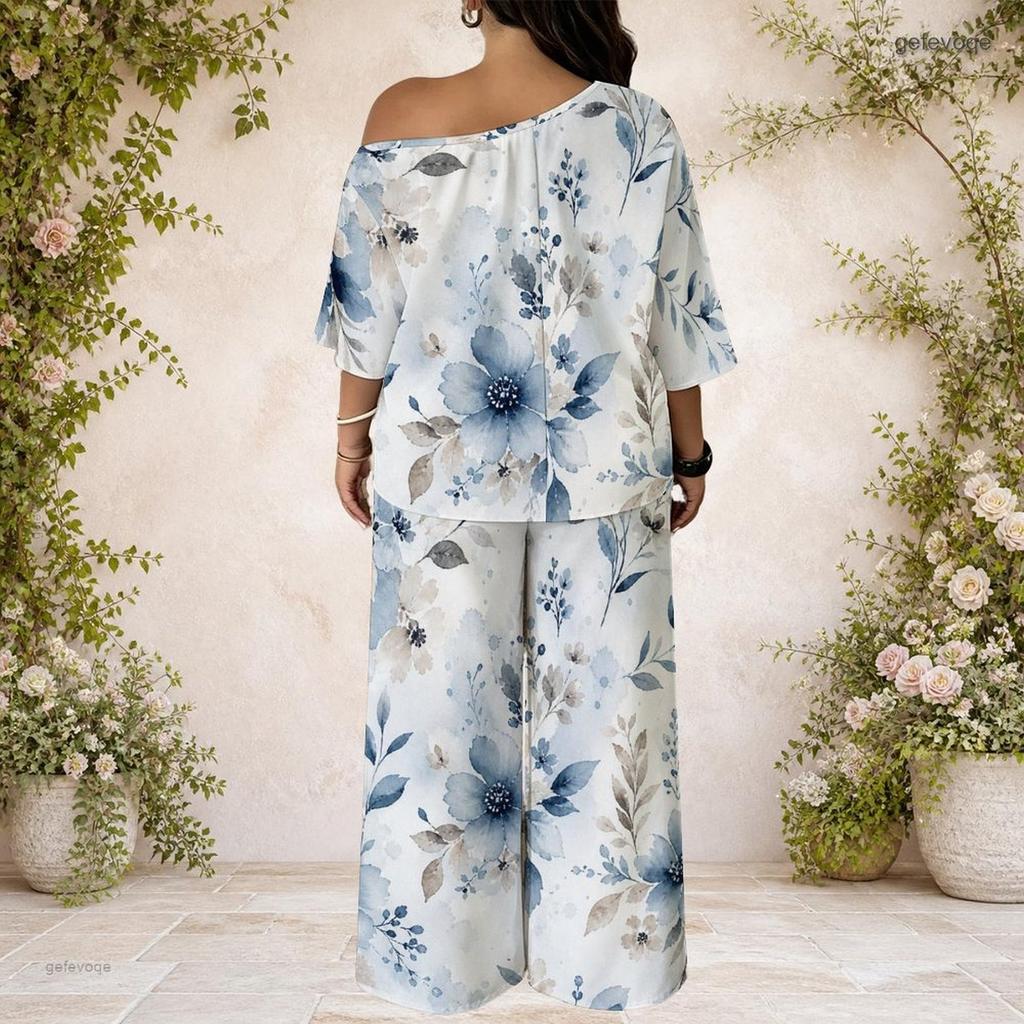 Plus Size Women Two Piece Matching Ensemble Batwing Sleeve Top Loose Long Pants