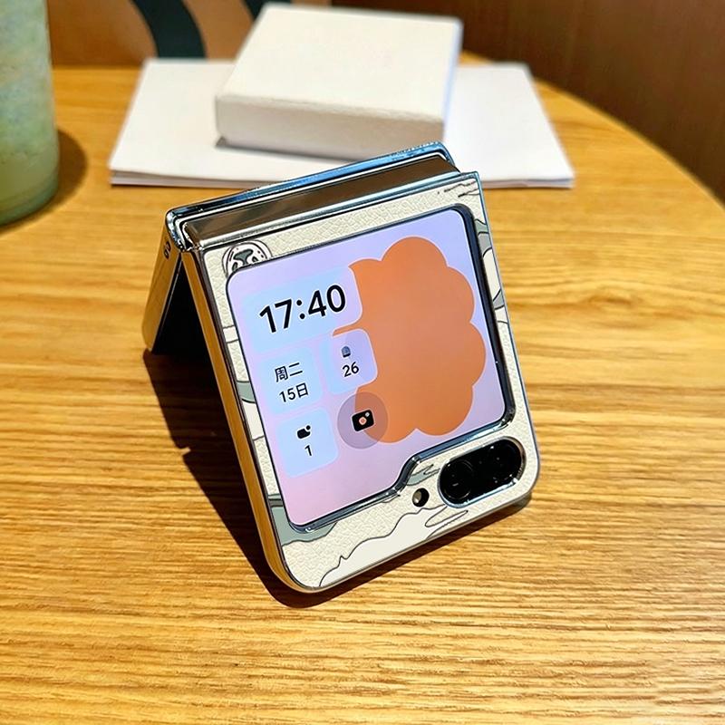 Mountain Range PU Leather Phone Case For Samsung Galaxy Z Flip7 FE Flip6 Flip 7 6 5 5G Silver Plating Frame Hard Folding Cover