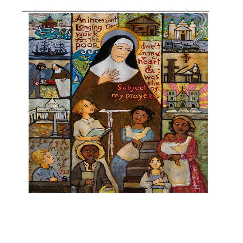 Vintage Boho Style Artistic Shower Curtain Featuring Saint Mother Teresa With Children Decorative Fabric Bath Mat Set In Multico