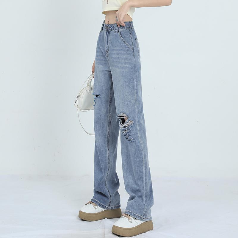 Straight Jeans for Women In Early Autumn New High-waisted Slimming Brushed Ripped Pants Narrow Wide-leg Pants