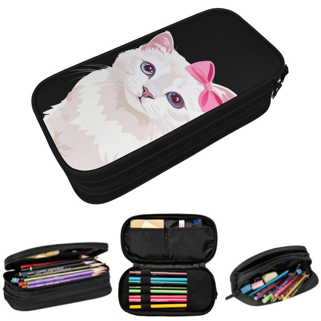 Charming Cute Kitten Cat With Pink Bow Pencil Case for Boys Girls Gifts Pen Box Pencil Bag Stationery Supplies Pen Holder Bag