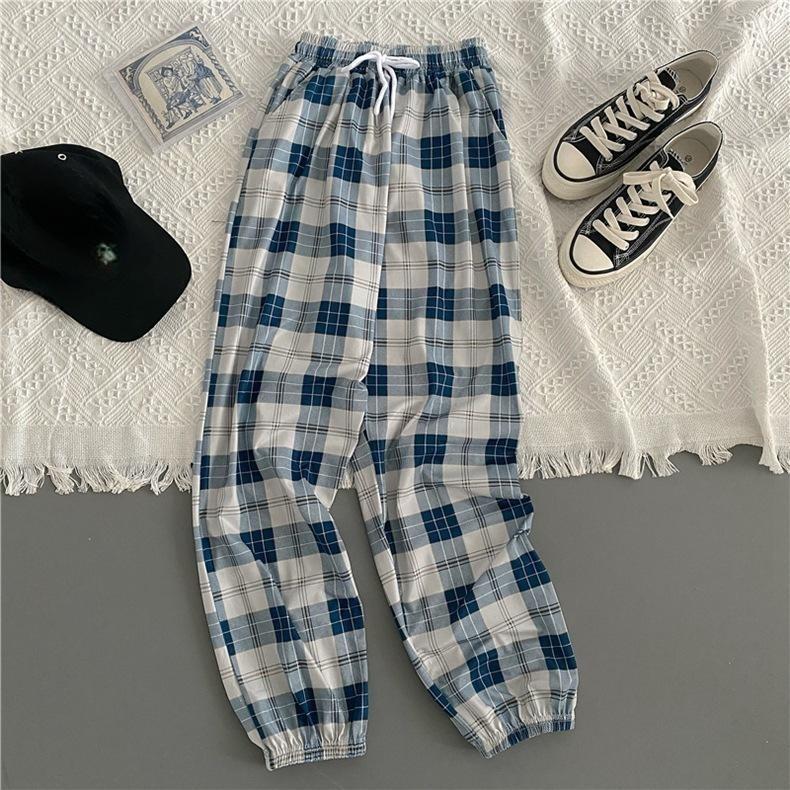 Pants Women Bunch of Feet Fashion Loose Black Plaid Summer Harajuku Students Streetwear Harem Long Trousers