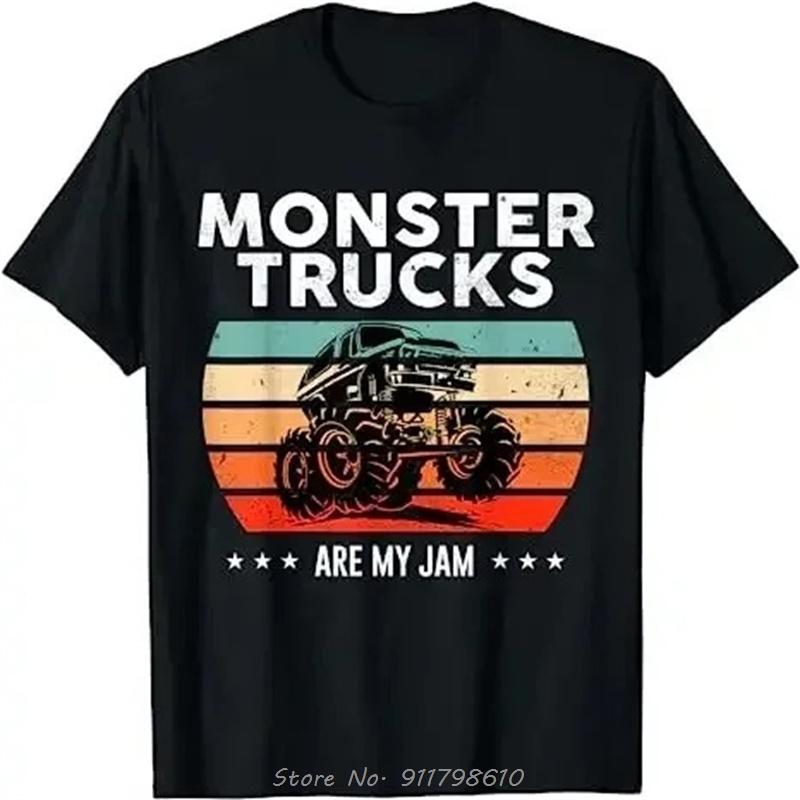 Monster Truck Are My Jam Vintage Tees Retro Sunset Cool Engines T-Shirt Monster Truck Car for Birthday Boy Sons Gifts Cute Tops