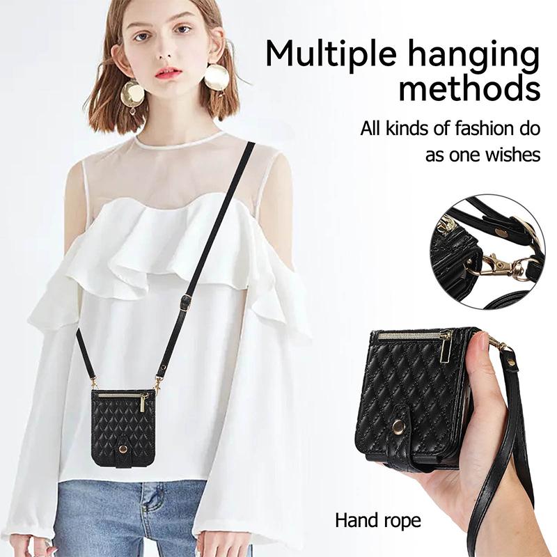 Für Samsung Galaxy Z Flip 5 4 3 5G Fall Leder Tasche Lanyard Crossbody Rhombische Brieftasche Ständer Strap Abdeckung für Samsung Z falten 3 4 5