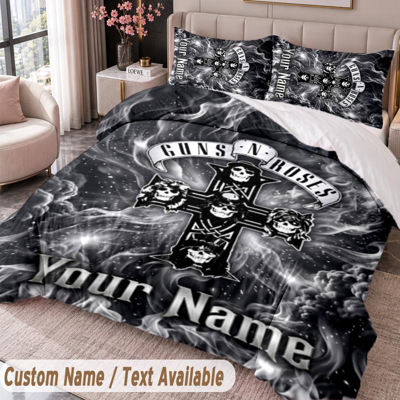 Guns N’ Roses Printed Bedding Set Custom Name Text 1 Duvet Cover 2 Pillowcases For Bedroom