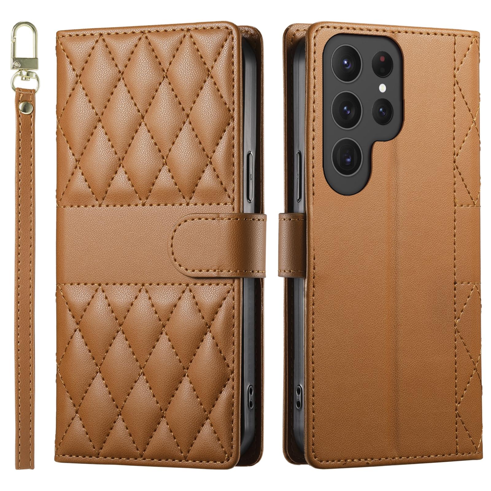 

For Samsung Galaxy S24 Ultra Case Rhombus Stitching Wallet Stand Leather Phone Cover with Long/Short Strap Brown