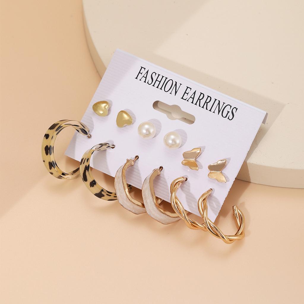 Hot-selling butterfly pearl love earrings women's creative retro alloy earrings set pair