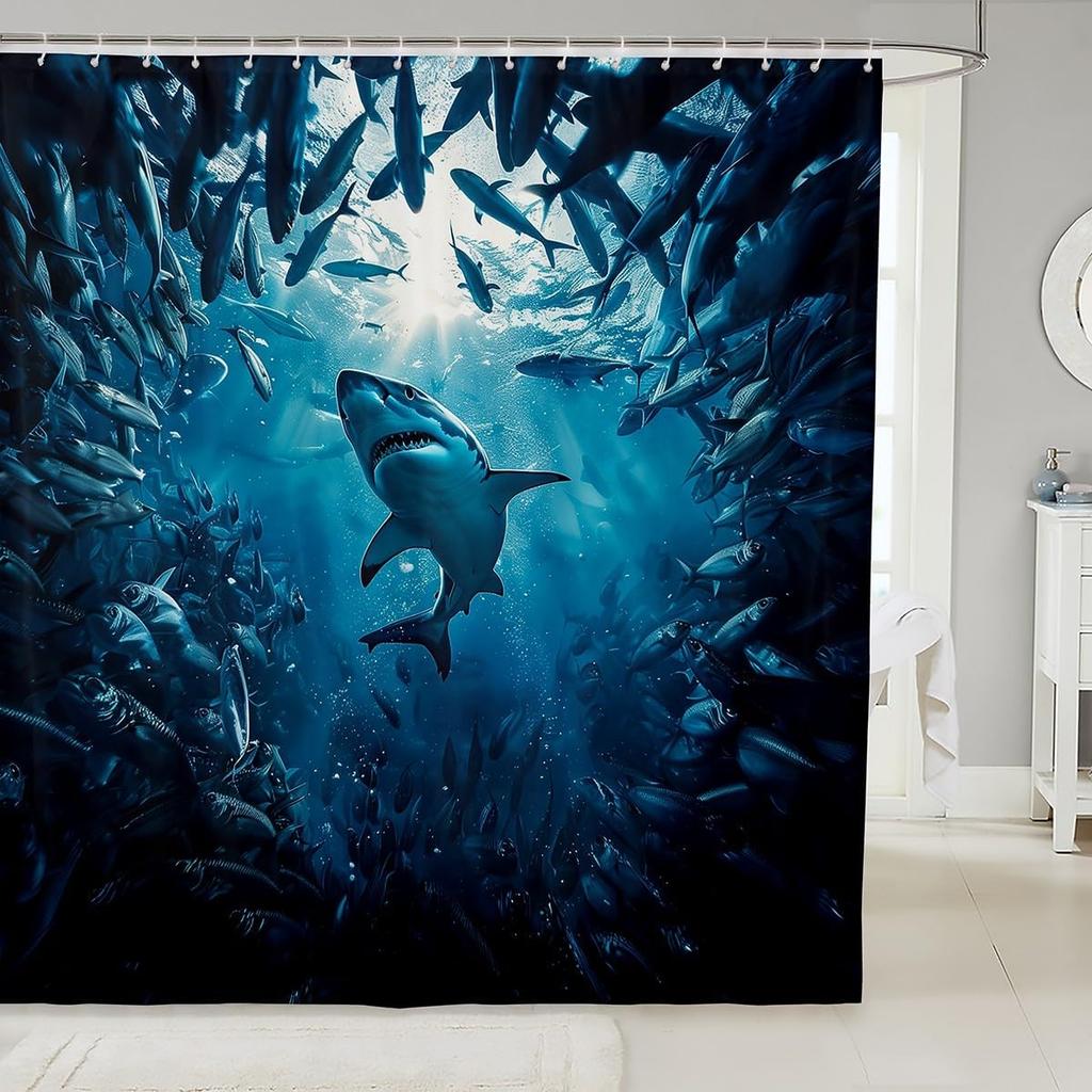 Cartoon Funny Animal Bath Curtain Brave Cat Riding Shark Shower Curtain Kids Boys Girls Ocean Wave Japanese Style Decor Whale