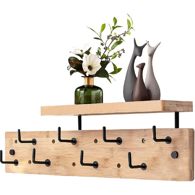 Wall Mounted Coat Rack with 8 Hooks & Storage Shelf - Multi-Functional Coat Hanger with Upper Shelf for Bathroom, Entrance, Living Room, Bedroom -