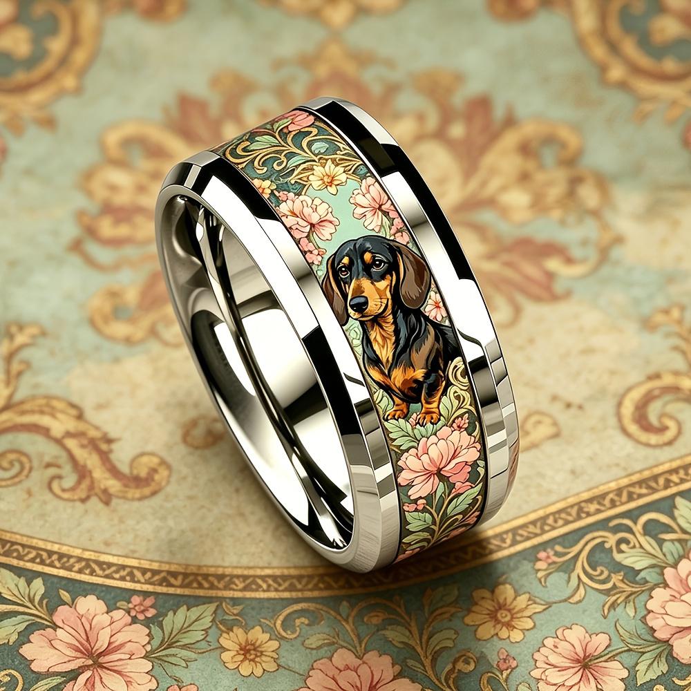 Cute Dachshund Dog Pink Floral Pattern Ring Fashion Men Stainless Steel Ring Cute Pet Daily Wear Stackable Ring Wedding Jewelry