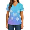 Women's Christmas Print V-Neck Double Pocket Short Sleeves Hem Slit  Uniform And Caregiver Top