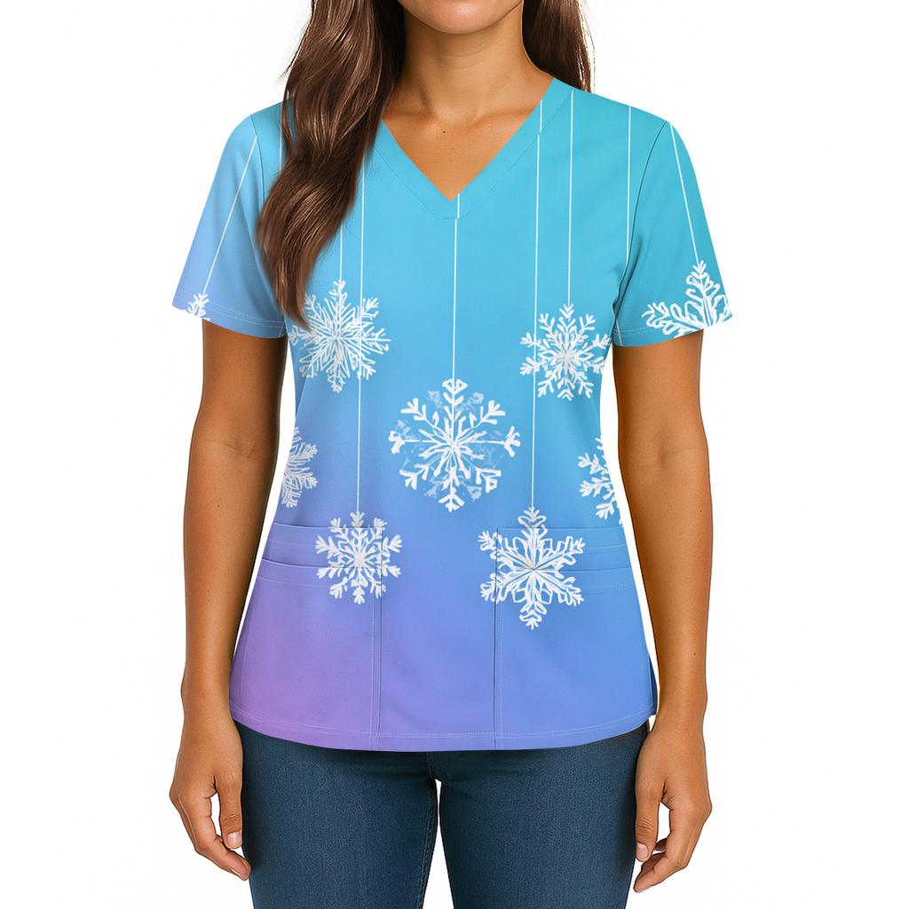 Women's Christmas Print V-Neck Double Pocket Short Sleeves Hem Slit  Uniform And Caregiver Top