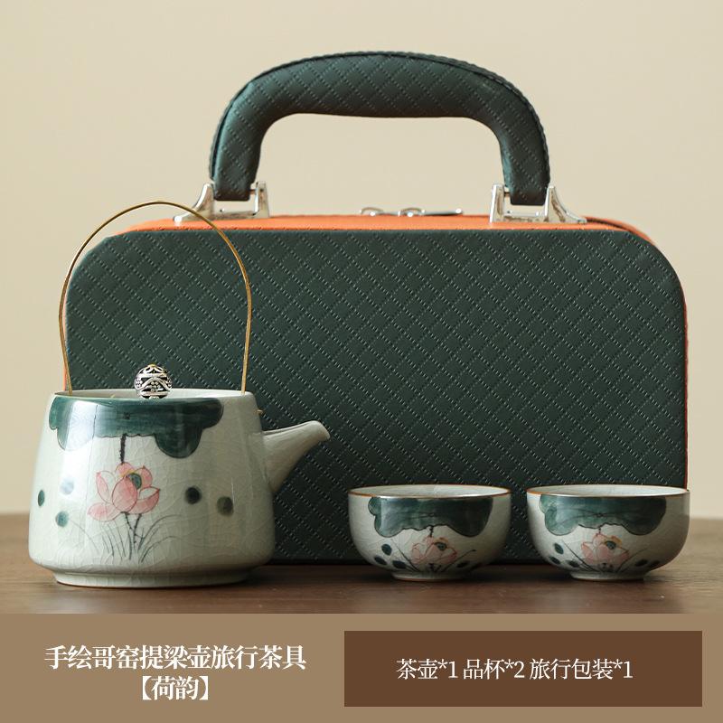 Hand-Painted Ge Kiln Travel Tea Set, High-End One Pot, Two Cups, Small Set, Portable Outdoor Kung Fu Teapot, Drinking Tea Cup