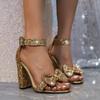 Damenmode Glänzende Kristall Schleife Pumps 2025 Sommer Neu Dicke Absätze Partyschuhe Frau Gold Pailletten Spitze Zehenpartie Pumps Sandalen