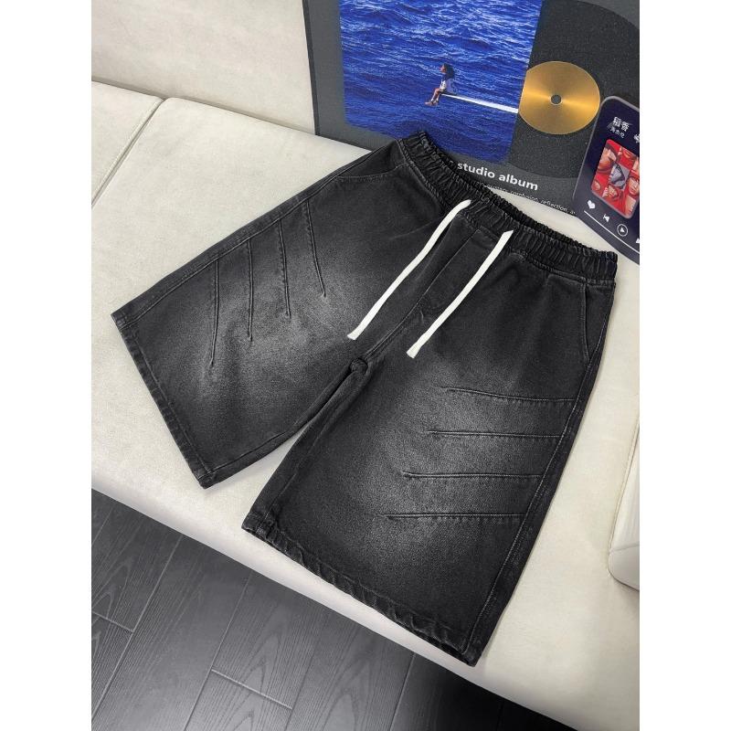 Washed pleated denim shorts men's summer wear shark gills drawstring five-point pants cleanfit casual pants