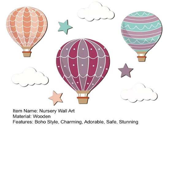9 Pcs Hot Air Balloon Wooden Wall Sign Boho Nursery Wall Art Stars Clouds Balloons Wall Sculpture for Kids Bedroom Playroom Home Decor