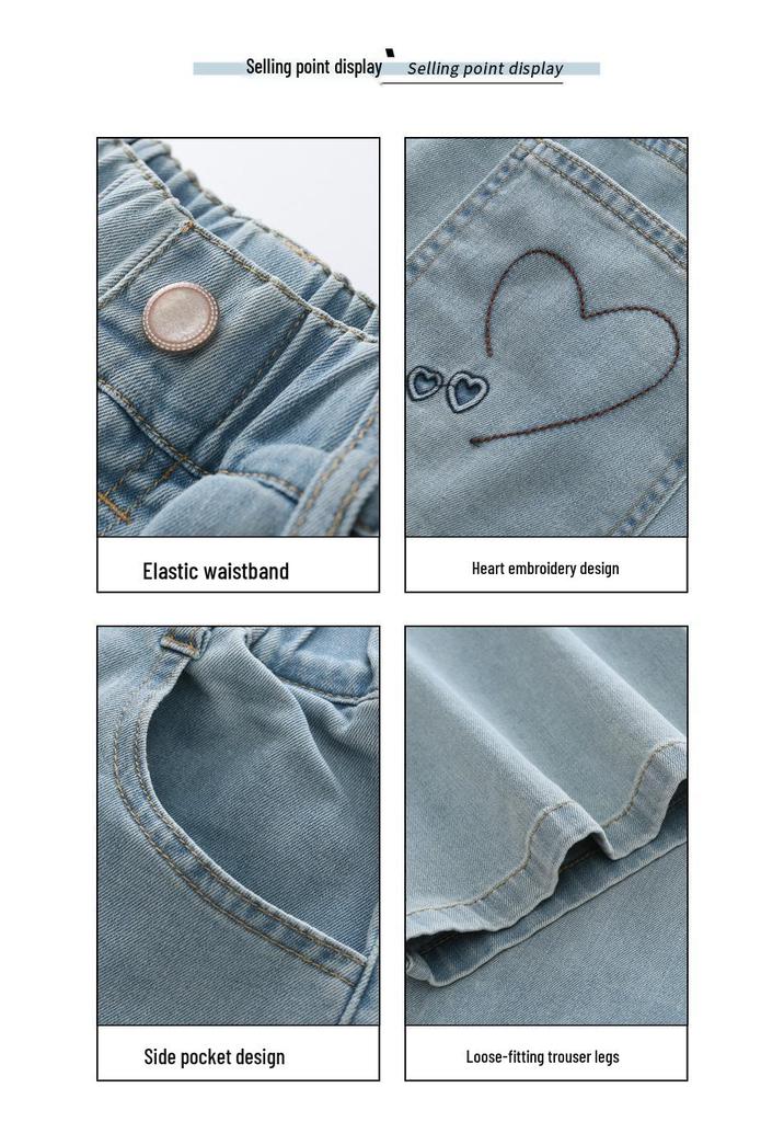 Summer Girls' Wide-Leg Denim Jeans, Trendy Korean-Style Casual Pants for Medium and Large Children