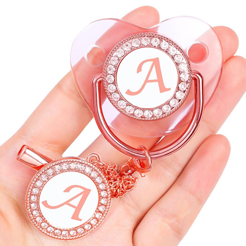 Transparent Rose Gold Letter Baby Pacifier with Diamond Design and Chain Clip