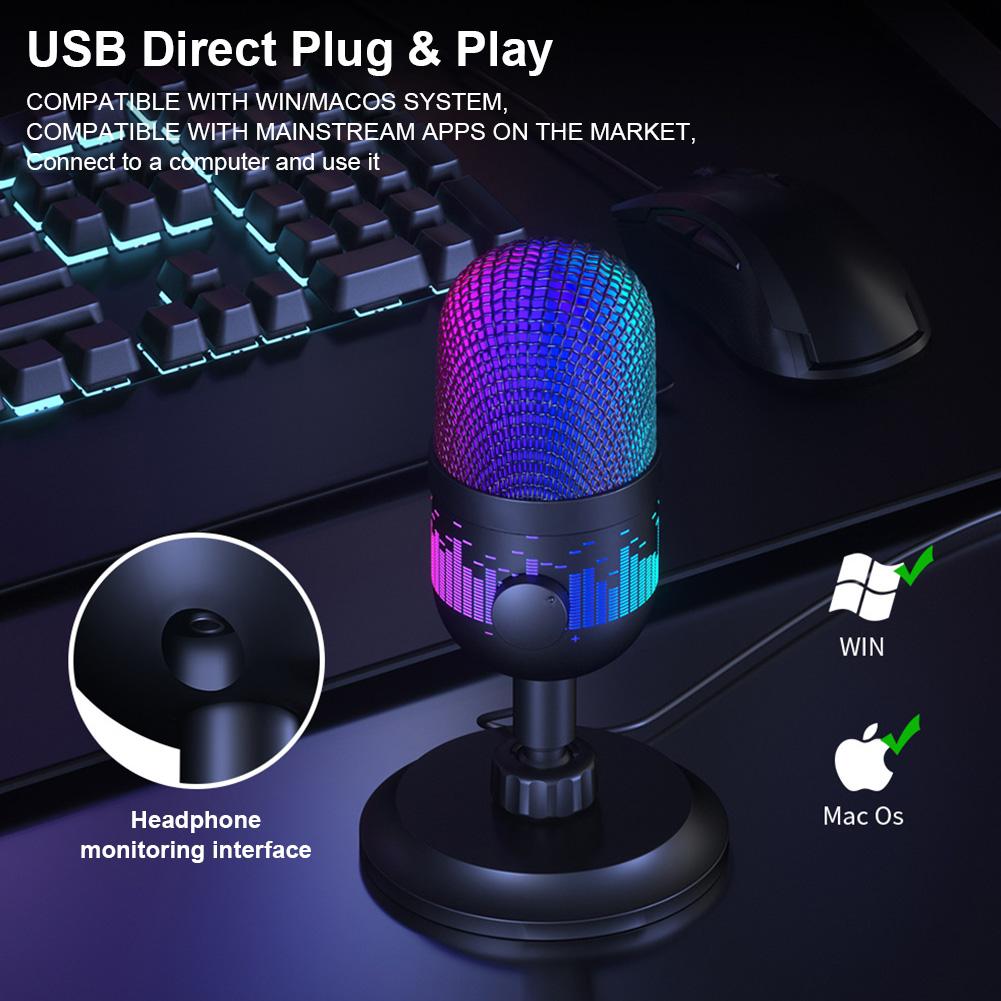 USB Gaming Microphone RGB Computer Microphone 192KHz/24Bit PC Mic for Studio Recording Streaming Content Creation
