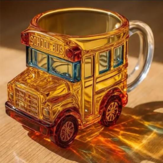 Taza de Vidrio con Forma de Autobús Escolar Yousheng 10oz Taza para Beber Novedosa para Niños Coleccionistas Contenedor de Bebidas Divertido con Tema de Vehículos