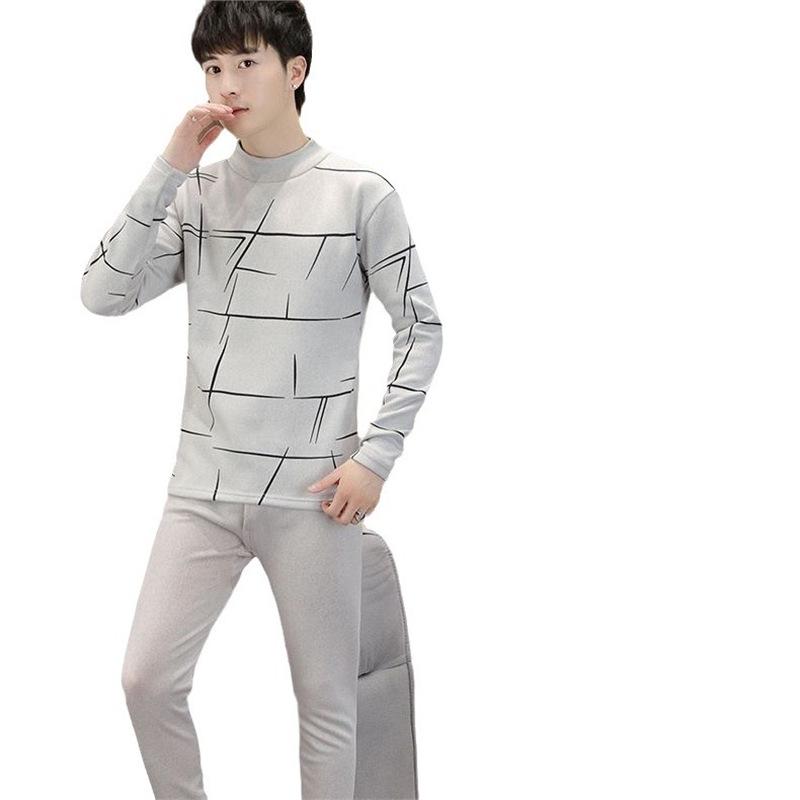 Men's Trendy Thermal Underwear Set: Teen Plus Velvet, Thickened Warm Bottoming Shirt & Pants for Autumn/Winter