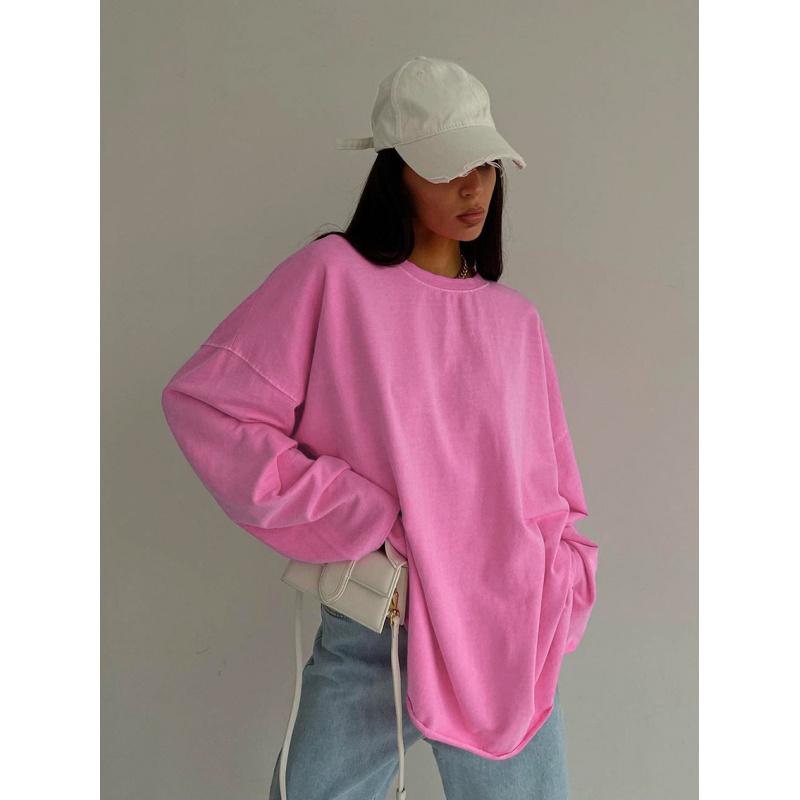 Frühling und Sommer Neues Rosa Langarm-T-Shirt Für Damen, Locker Und Vielseitig, Einfarbig Gestricktes Basis-T-Shirt, Lässig Und Modisch