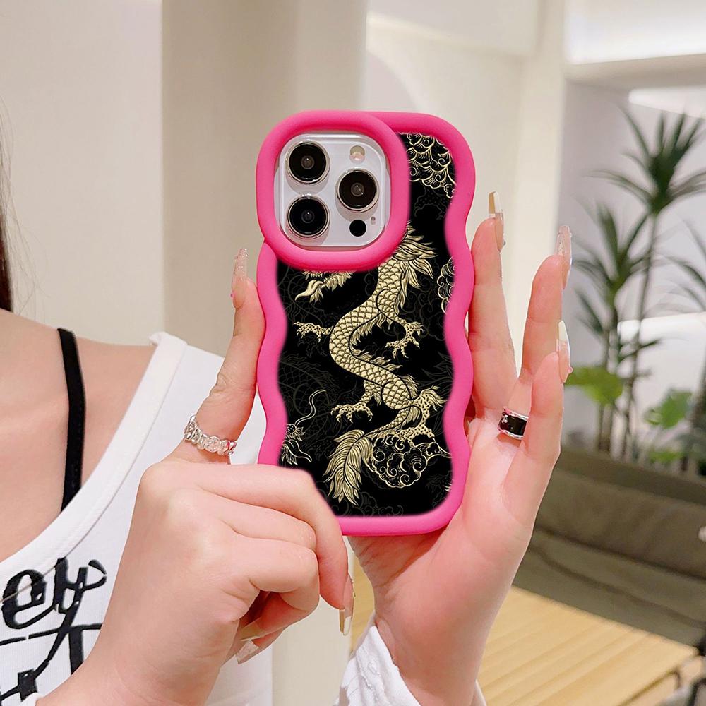 N81 Dragon design art Macaron Wavy Edge Phone Cases for iPhone 16 Pro Max Samsung S24 Plus S23 Ultra A35 A55 Xiaomi Redmi Note 13 Shockproof Cover