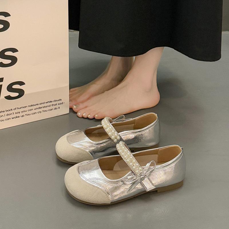 Korean version of Mary Jane single shoes women's 2025 new summer and autumn round head sweet pearl shallow mouth flat bottom casual Doudou shoes