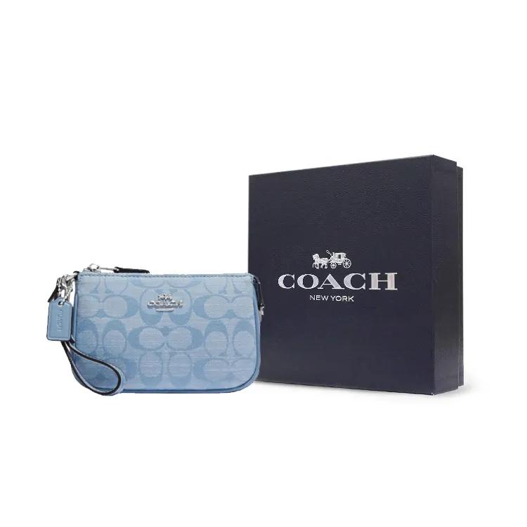 COACH Nolita Jacquard Fabric , Cow Split Leather , Chambray Handbag Clutch Mini Women's Light Blue (Unisex) Clutches CI027 SVM6A