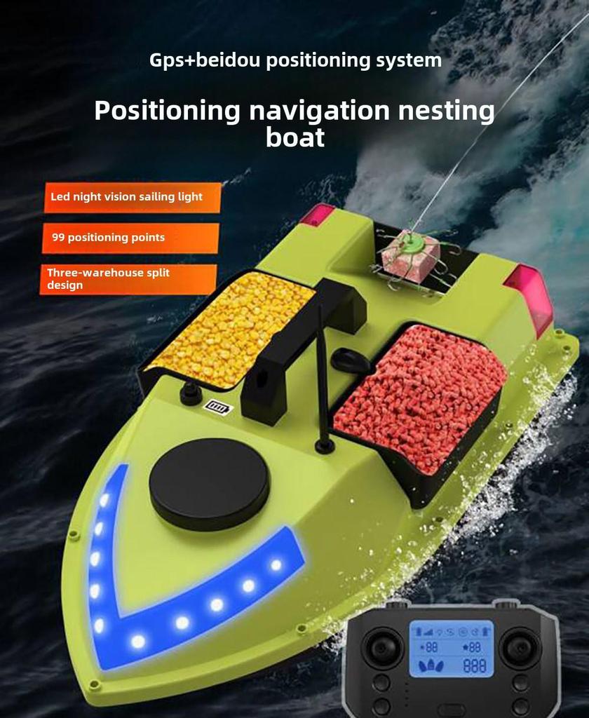 Fishing Boat GPS with Auto Return, 500m Remote Control, Bait Delivery, and Triple Storage Compartments