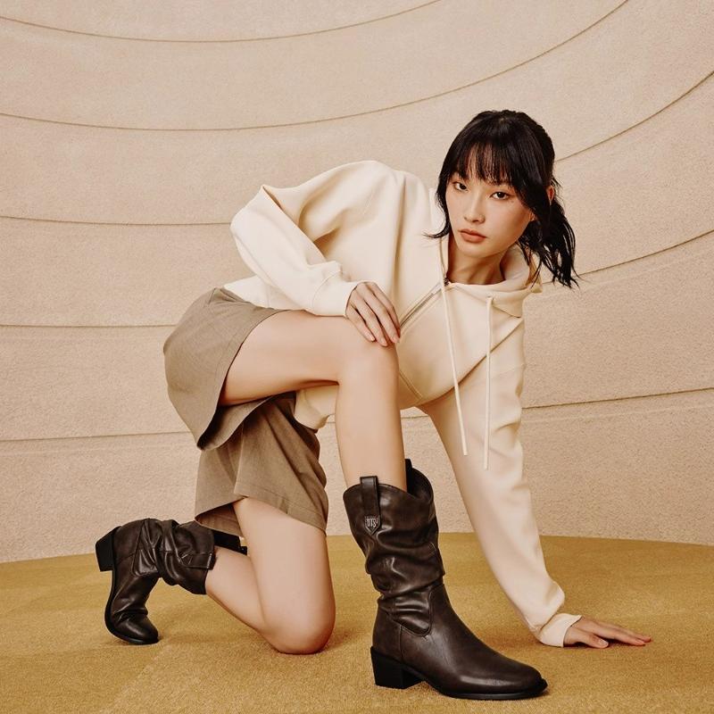 

Fashion 2024 Winter Women s Fashion Boots Solid Color Leather Elegant Fashion Pointed Toe Thick Heel Boots Casual Retro Women s Shoes 35 коричневый